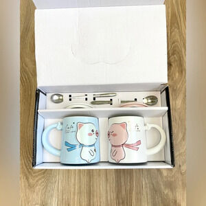 Ebros Pack Of 2 Love Pigs Blue And White Coffee Mugs With Lid & Spoon 14oz